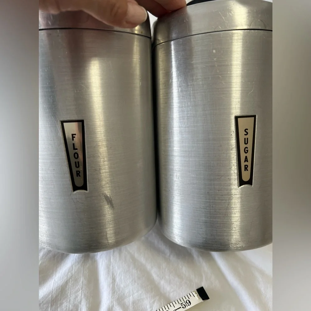 Vintage 1950s MCM Kitchen Aluminum Canisters Lids | Flour And Sugar - Picture 10 of 12